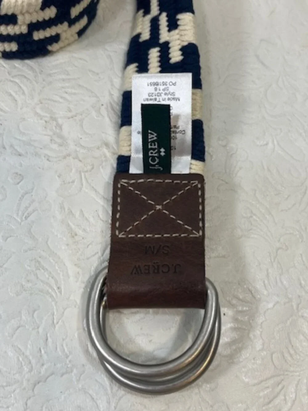 J.Crew Navy Blue & White Woven Cotton Belt Leather Trim Double D-Ring Buckle S-M